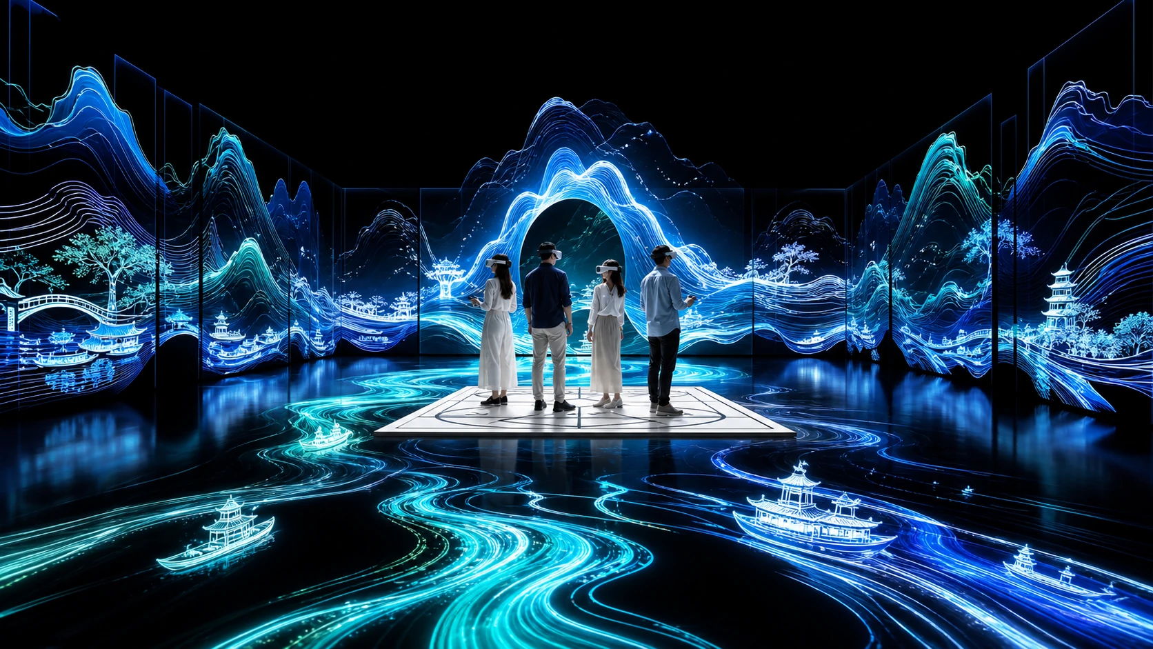 运河文化素材转化为博物馆 VR 房间体验的数字展陈概念图